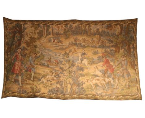 An attractive French style Needlework Tapestry, depicting a Hunting Scene with noble figures, huntsmen and hounds in pursuit 