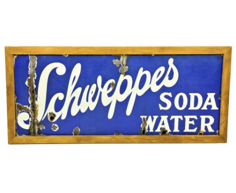 An early 'Schweppes' Soda Water enamel Advertising Sign, approx. 43cms x 104cms (17" x 41") in later wooden frame. (1) 