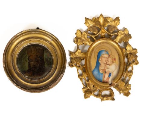 An oval miniature Portrait of the Madonna &amp; Child,&nbsp;watercolour,&nbsp;3 1/4" (8cms), in carved gilt Florentine frame 