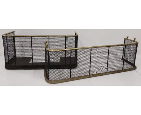 A 19th Century brass Nursery Fender, with wire mesh panel, surmounted with knop finials, 112cms (44"); and another similar sh