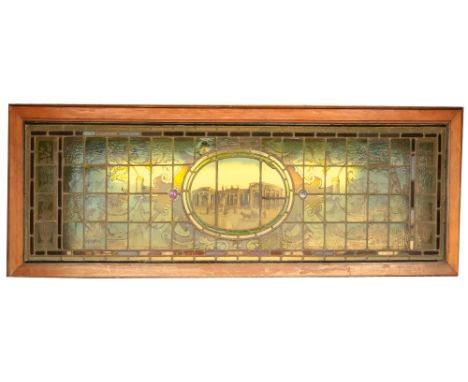 An attractive 19th Century Irish stained glass Landscape Panel, with central oval depicting The Bank of Ireland, College Gree