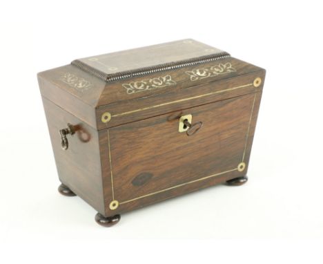 A small William IV period mother-o-pearl inlaid rosewood Tea Caddy, of casket form on four bun feet, 8" (20cms). (1) 