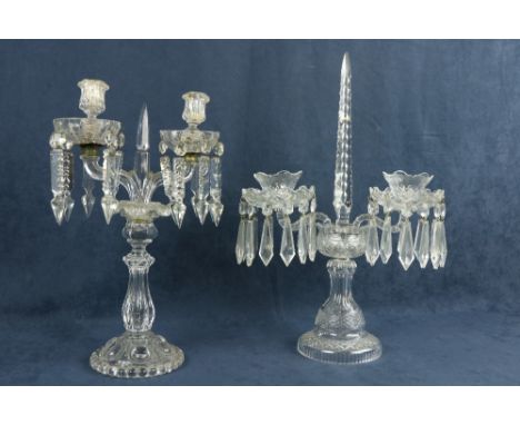 A good quality cut-glass&nbsp;two branch Table Chandelier, with centre glass obelisk and lustre drops, 19 1/2" (49cms); toget