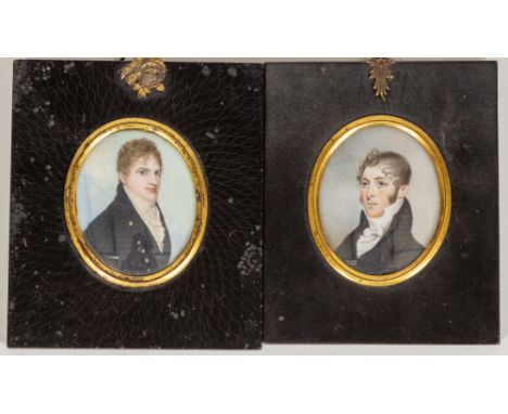 Frederick Buck (1771-1839)  "Portrait of a Gentleman wearing black Jacket and white Cravat," a miniature oval on ivory, 2 3/4