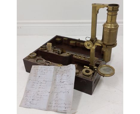 A good early 19th Century case mounted Nairne pattern compound monocular Chest Microscope, unsigned, the barrel with sliding 