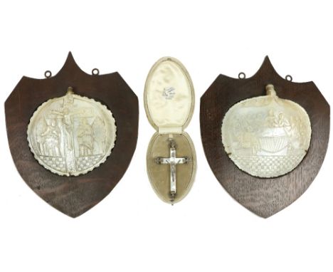 A pair of 19th Century carved and etched mother-o-pearl Panels,&nbsp;one with scene of the Last Supper and the other, The Cru