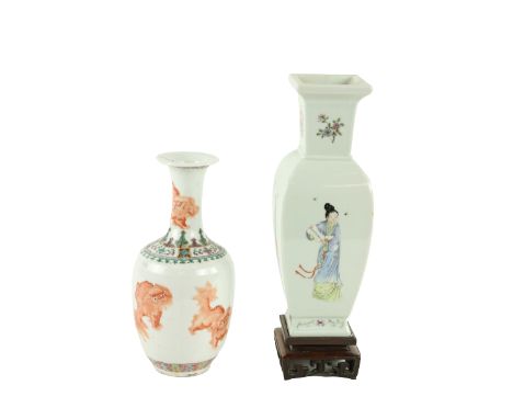 A good square Chinese porcelain Vase, of baluster form decorated with a female figure on arch panel under a flower decorated 