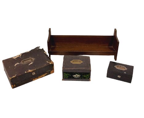 A leather bound Ladies fold-out Lap Desk by Austin Dublin, distressed, 36cms (14") two small Jewellery Cases and an oak Book 