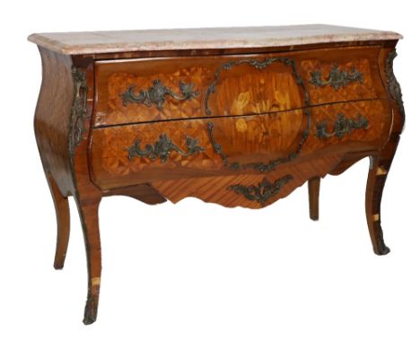 A 19th Century French Louis XV style&nbsp;marquetry bombé shaped Commode, with shaped sienna marble top, over two long drawer