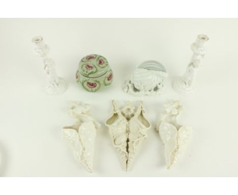 A Foley &amp; Co. Art Nouveau Biscuit Jar and cover, 6" (15cms), together with a pair of Copeland blanc-di-chine figural Cand