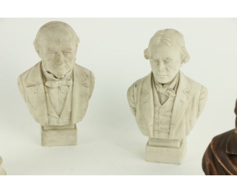 A small Parian Bust of Gladstone, 7 1/2" (19cms); another of Irving; another small chalk of a Gent, a Parian Figure of a clas