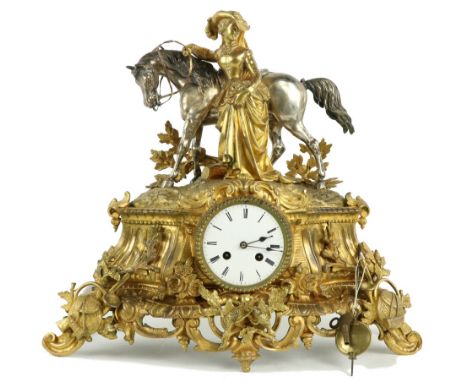 A 19th Century French ormolu and plated figural Mantle Clock, the top surmounted with elegant Lady standing with horse over a