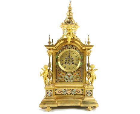 A fine quality Renaissance style ormolu and champlevé&nbsp;enamel Clock,&nbsp;by Japy Freres,&nbsp;raised on stepped plinth w