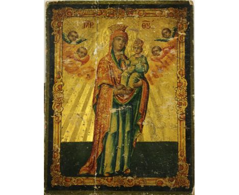 Jean Theodore, 19th Century French School  "Madonna and Child," tempera and gold highlight on panel, depicting crowned mother