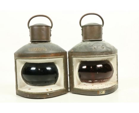 A pair of old bow fronted copper Ships Corner Lanterns,&nbsp;for Port and Starboard, 17" (43cms). (2) 