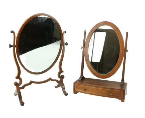 An inlaid and bow fronted mahogany&nbsp;Dressing Table Mirror, with frieze drawer and oval plate, 17 1/2" (45cms). (1)