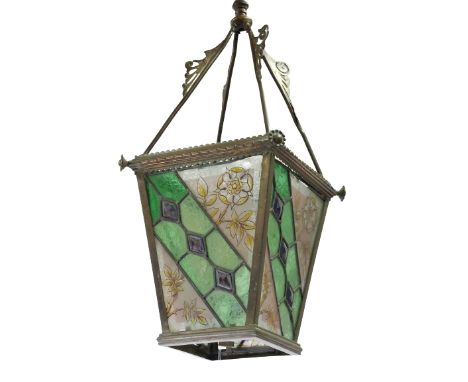 A good Edwardian brass Hall Lantern, of square tapering form with stained and leaded glass panel, with cylindrical brass susp
