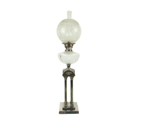 A fine Architectural silver plated Oil Lamp,&nbsp;with cutglass reservoir supported by four Corinthian columns on a square st
