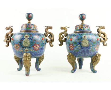 A pair of 19th Century Chinese cloisonné&nbsp;dragon handled blue ground and floral decorated&nbsp;bulbous tripod Censors, ea