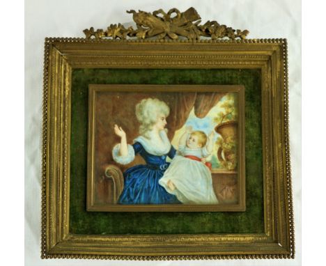 19th Century English School  Double Portrait Miniature 'The Duchess of Devonshire with Infant by a Window,' 3 1/2' x 4 1/2' (
