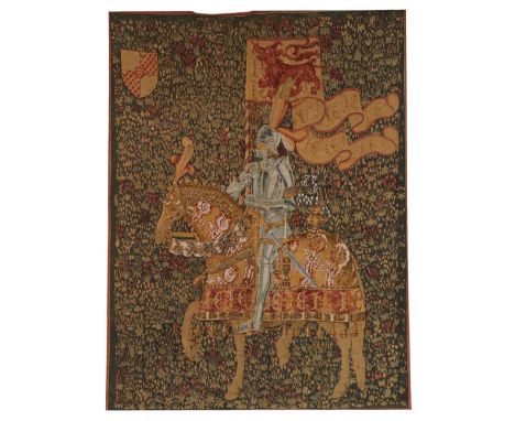 An attractive Medieval style machine made woollen Tapestry, depicting a Knight on horseback waving flag, on overall floral gr