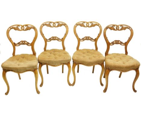 A set of 4, Victorian Irish satinwood Side Chairs, by Arthur Jones, Dublin (stamped) each with an open work balloon shaped ba