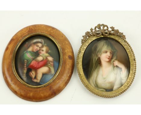 A 19th Century German oval porcelain Portrait, of a veiled Lady probably KPM 7.5cms (3"), in ornate gilt brass frame; togethe