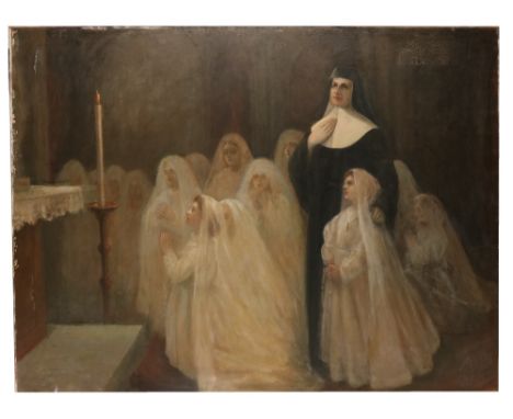 T.C. Kerr - 20th Century Irish School  "First Holy Communion," O.O.C., depicting Church Interior Scene with young Girls in wh