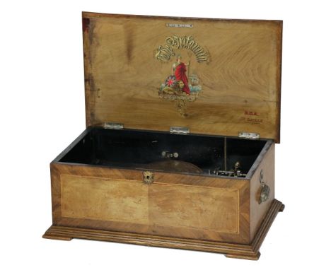 A 19th Century inlaid walnut cased rectangular Polyphon "The Britannia" with a handle and one steel disk, the inside cover st