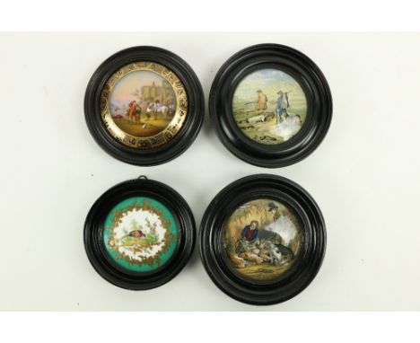 A pair of 19th Century Prattware Pot Lids, "The Game Bag," and "The Sportsman," 4" (10cms); together with a Sevres style circ