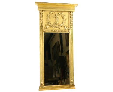 A small gilt Pier Mirror, the moulded cornice above a frieze panel depicting a woman dancing within a leaf wreath in relief a