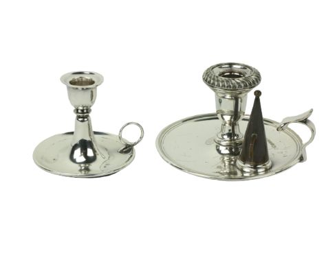A small modern silver Chamber Candlestick, with ring handle, Birmingham hall marks, together with a larger silver plated ditt