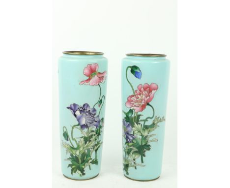 A very attractive pair of Japanese sky blue ground cloisonné&nbsp;enamel Vases, with colourful flowers, 12" (30cms). (2)