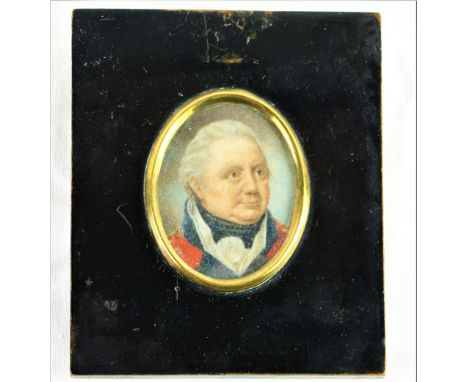 Early 19th Century Irish School  Oval miniature "Portrait of Gentleman with black cravat and red jacket," 2 1/2" (6cms). (1) 
