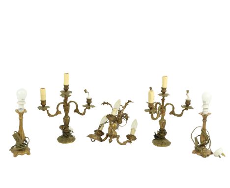 A pair of rococo style three branch - four light Candelabra brass Table Lamps, 13" (33cms); together with a pair of compositi