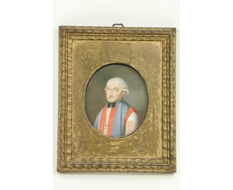 18th Century French School&nbsp; Miniature Portrait "Cleric," oval on panel, indistinctly inscribed and dated verso 1732, 3" 