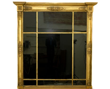 A good large Regency gilt Overmantel compartment Mirror, of architectural form with inverted breakfront cornice above nine co