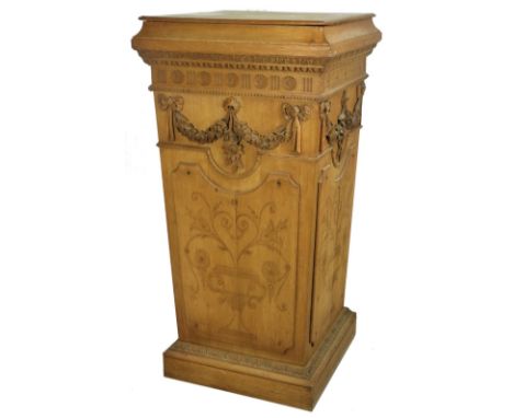 An attractive carved pine Pedestal,&nbsp; decorated in the Georgian taste, the square top over an applied panel side of taper