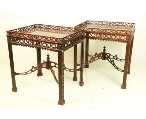 A pair of mahogany Chinese Chippendale style Side Tables, with pierced acanthus rims above conforming frieze on square blind 