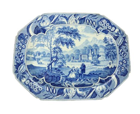 A large 19th Century blue and white English stoneware Meat Platter, transfer printed with figures in a landscape, 20 1/2" (52