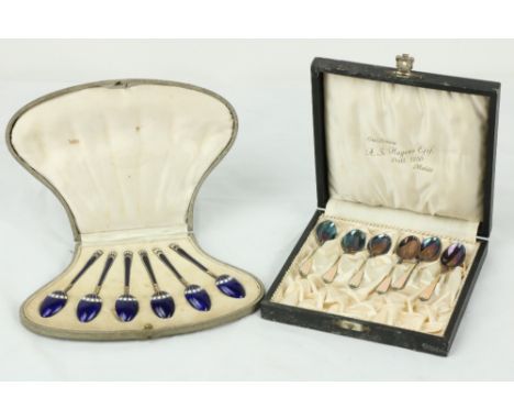 A very attractive cased set of 6 Art Deco blue enamel and silver gilt Coffee Spoons, together with another set of 6 pink enam
