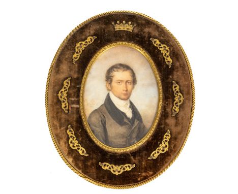 Candide Blaize (1795 - 1855)  Oval miniature Portrait, "Nobleman wearing a velvet collar jacket and white cravat," watercolou