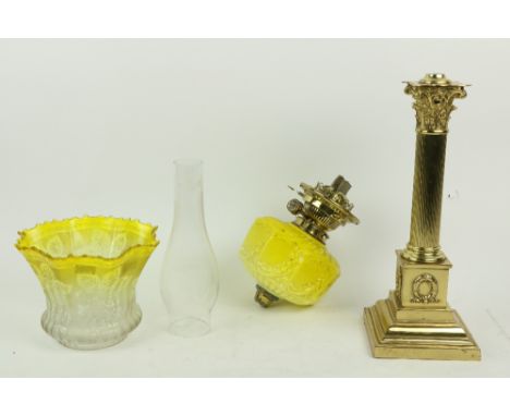 A very attractive late 19th Century Corinthian style brass Oil Lamp,&nbsp;on square stepped base, a moulded lemon glass reser