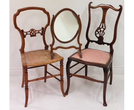 Two Edwardian Bedroom Chairs, and a small oval swing frame Dressing Table Mirror. (3) 