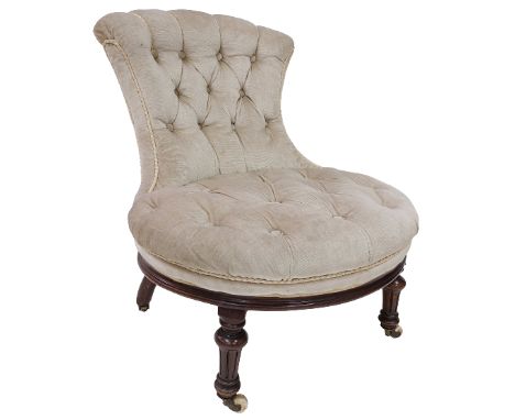 An attractive Victorian walnut Occasional Chair, with shell shaped button back and oval button seat covered in beige draylon 