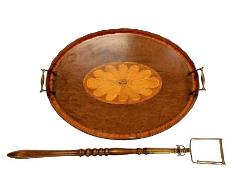 A very attractive oval burr maple and kingwood banded Serving Tray, with wavy gallery and two brass handles, the centre with 