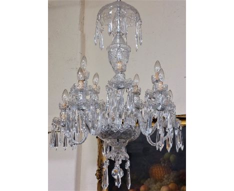 A very good Waterford crystal Chandelier, with an inverted bowl shaped corona, a vase shaped stem, issuing two tiers of ten b