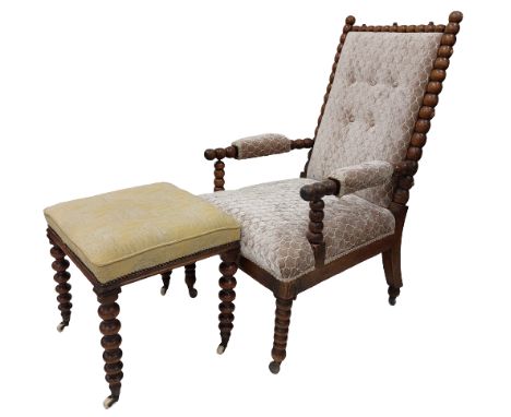 A Victorian oak bobbin turned Open Armchair, covered in attractive fabric on front bobbin turned legs; and a similar Footstoo
