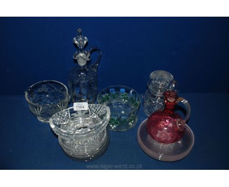 Miscellaneous glass Dessert Plates, old decanter, pickle jar etc.