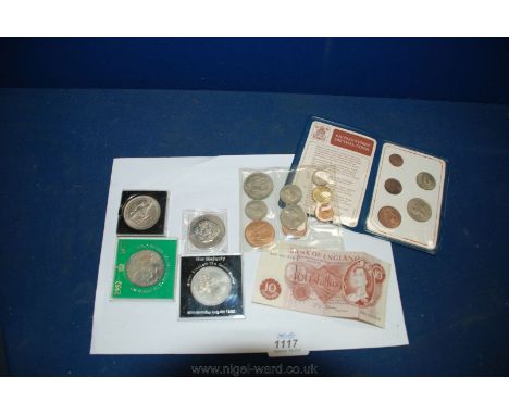 Four Crowns, old 10/- Note, set of pre-decimal Coins plus first edition of Decimal Coins